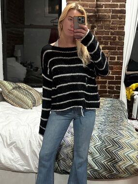 superdown Black and White Striped Scoop Neck Sweater